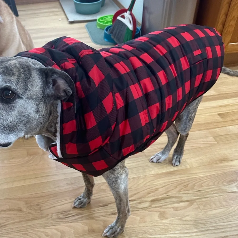 Buffalo plaid Sherpa lined dog vest with hood